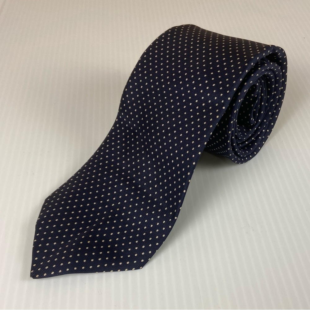 Reaux Artes Group Navy Gold Polka Dot Silk Tie Classic Width